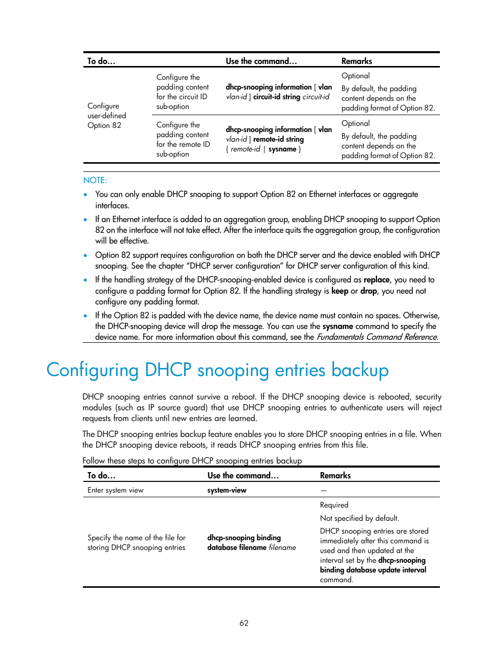 Configuring dhcp snooping entries backup | H3C Technologies H3C WX3000E Series Wireless Switches User Manual | Page 73 / 191