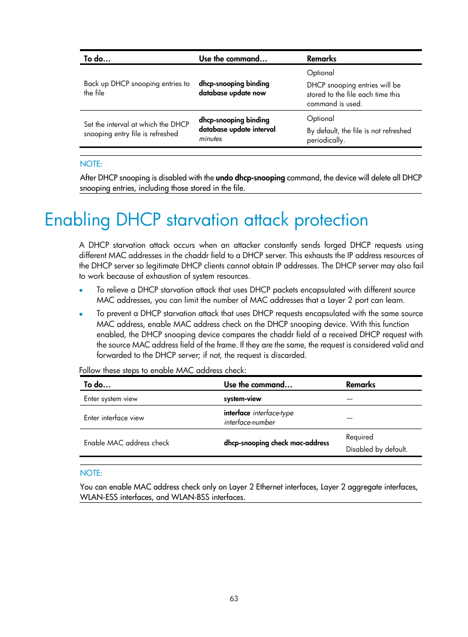 Enabling dhcp starvation attack protection | H3C Technologies H3C WX3000E Series Wireless Switches User Manual | Page 74 / 191