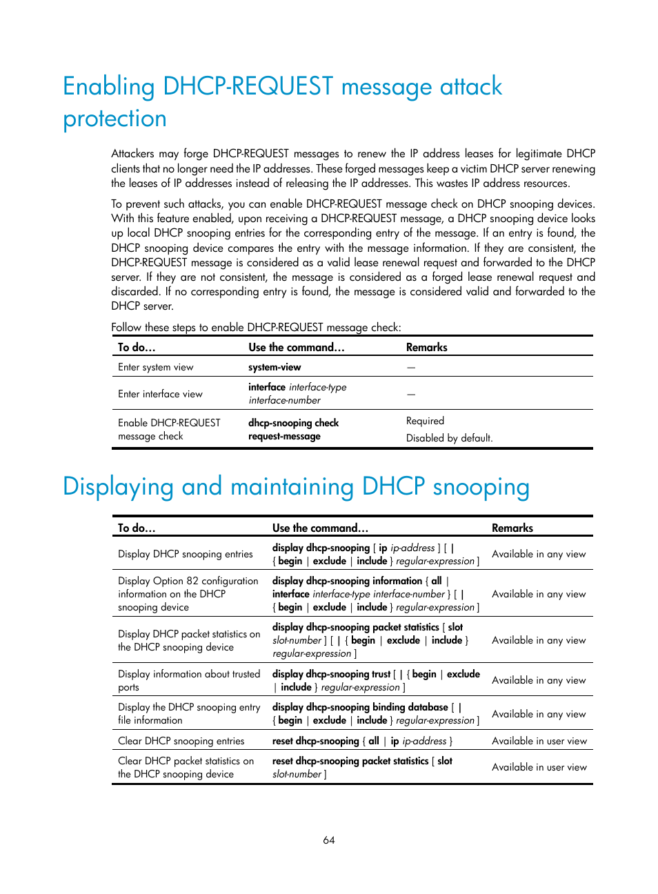 Enabling dhcp-request message attack protection, Displaying and maintaining dhcp snooping | H3C Technologies H3C WX3000E Series Wireless Switches User Manual | Page 75 / 191