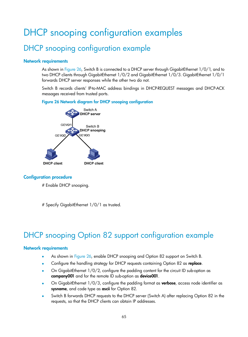 Dhcp snooping configuration examples, Dhcp snooping configuration example, Network requirements | Configuration procedure | H3C Technologies H3C WX3000E Series Wireless Switches User Manual | Page 76 / 191