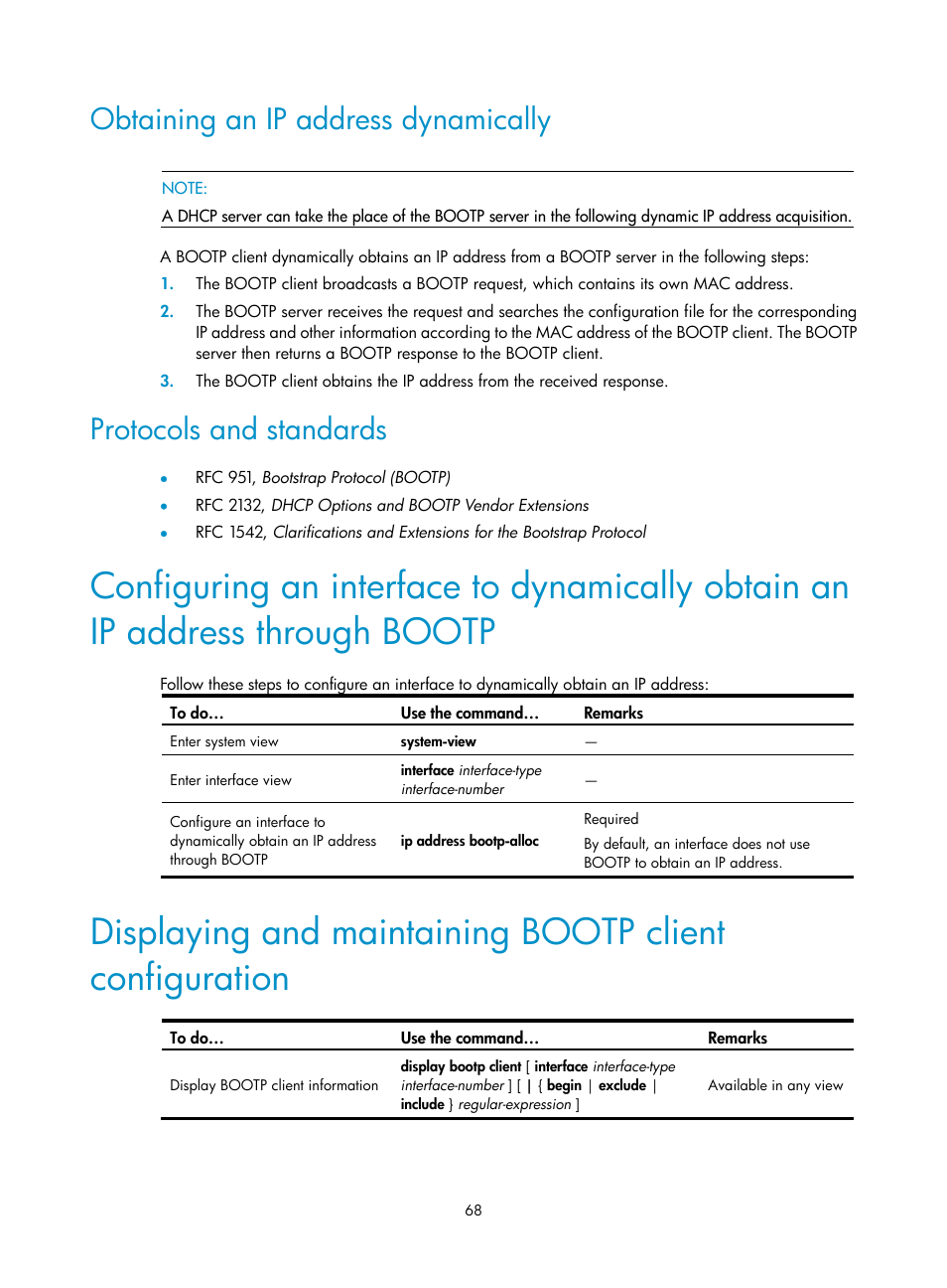 Obtaining an ip address dynamically, Protocols and standards | H3C Technologies H3C WX3000E Series Wireless Switches User Manual | Page 79 / 191
