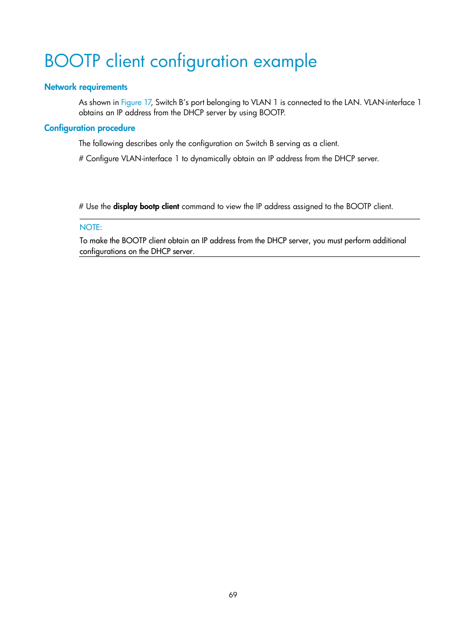 Bootp client configuration example, Network requirements, Configuration procedure | H3C Technologies H3C WX3000E Series Wireless Switches User Manual | Page 80 / 191