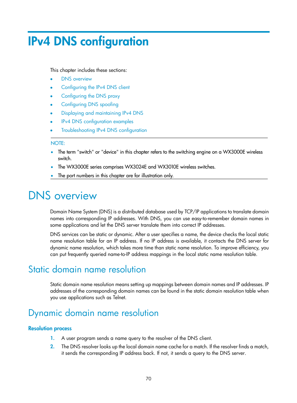Ipv4 dns configuration, Dns overview, Static domain name resolution | Dynamic domain name resolution, Resolution process | H3C Technologies H3C WX3000E Series Wireless Switches User Manual | Page 81 / 191