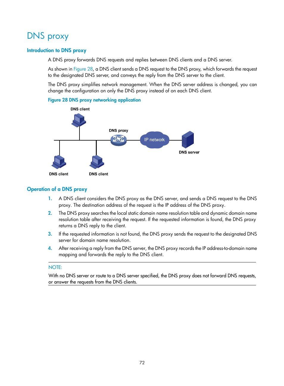 Dns proxy, Introduction to dns proxy, Operation of a dns proxy | H3C Technologies H3C WX3000E Series Wireless Switches User Manual | Page 83 / 191