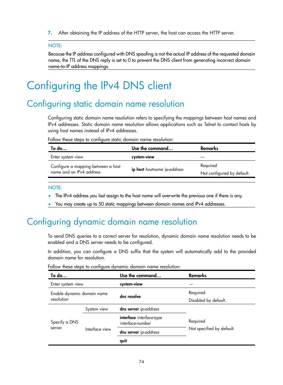 Configuring the ipv4 dns client, Configuring static domain name resolution, Configuring dynamic domain name resolution | H3C Technologies H3C WX3000E Series Wireless Switches User Manual | Page 85 / 191