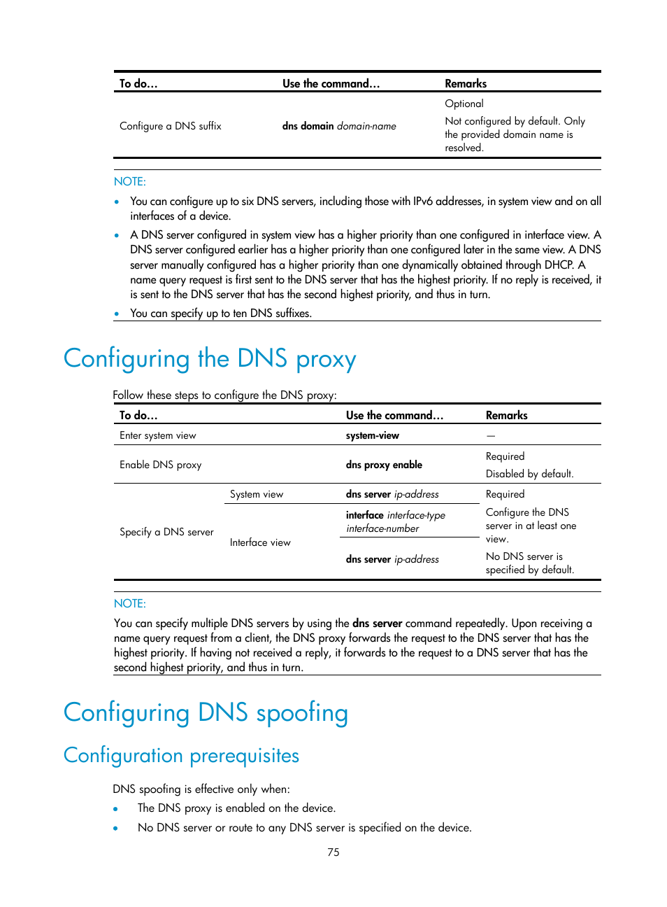 Configuring the dns proxy, Configuring dns spoofing, Configuration prerequisites | H3C Technologies H3C WX3000E Series Wireless Switches User Manual | Page 86 / 191