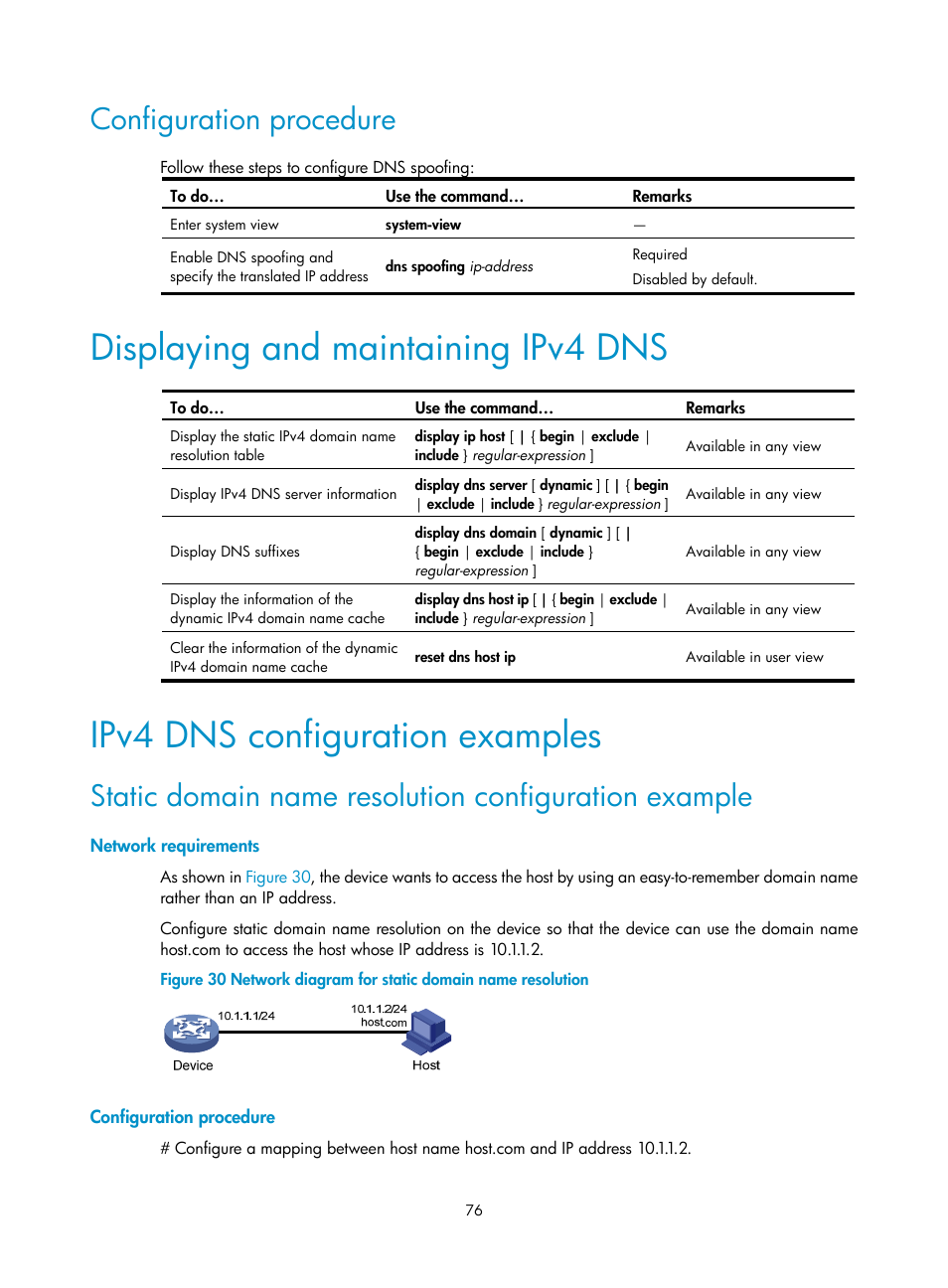 Configuration procedure, Displaying and maintaining ipv4 dns, Ipv4 dns configuration examples | Network requirements | H3C Technologies H3C WX3000E Series Wireless Switches User Manual | Page 87 / 191