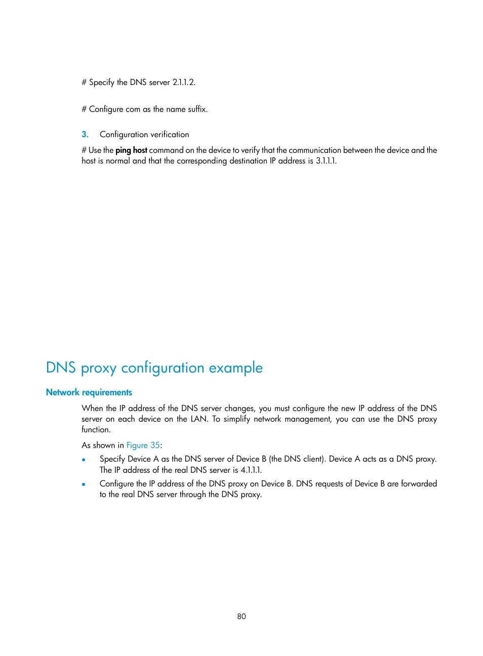 Dns proxy configuration example, Network requirements | H3C Technologies H3C WX3000E Series Wireless Switches User Manual | Page 91 / 191
