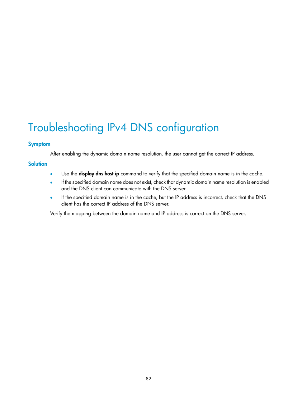 Troubleshooting ipv4 dns configuration, Symptom, Solution | H3C Technologies H3C WX3000E Series Wireless Switches User Manual | Page 93 / 191