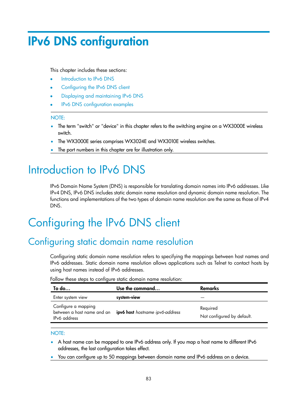 Ipv6 dns configuration, Introduction to ipv6 dns, Configuring the ipv6 dns client | Configuring static domain name resolution | H3C Technologies H3C WX3000E Series Wireless Switches User Manual | Page 94 / 191