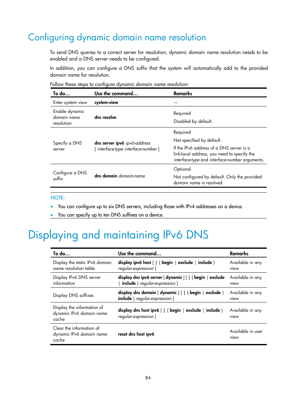 Configuring dynamic domain name resolution, Displaying and maintaining ipv6 dns | H3C Technologies H3C WX3000E Series Wireless Switches User Manual | Page 95 / 191