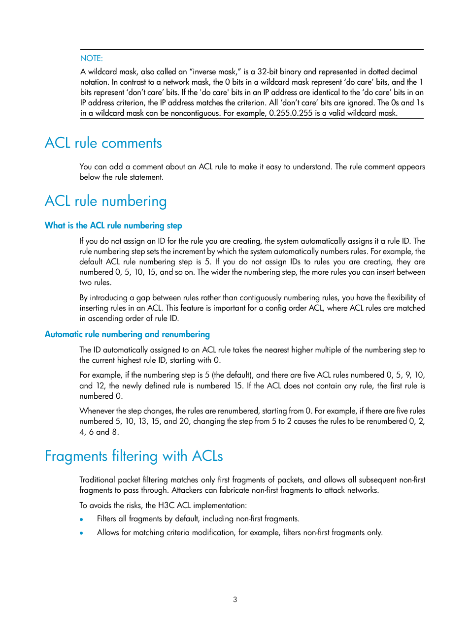Acl rule comments, Acl rule numbering, What is the acl rule numbering step | Automatic rule numbering and renumbering, Fragments filtering with acls | H3C Technologies H3C WX3000E Series Wireless Switches User Manual | Page 10 / 64