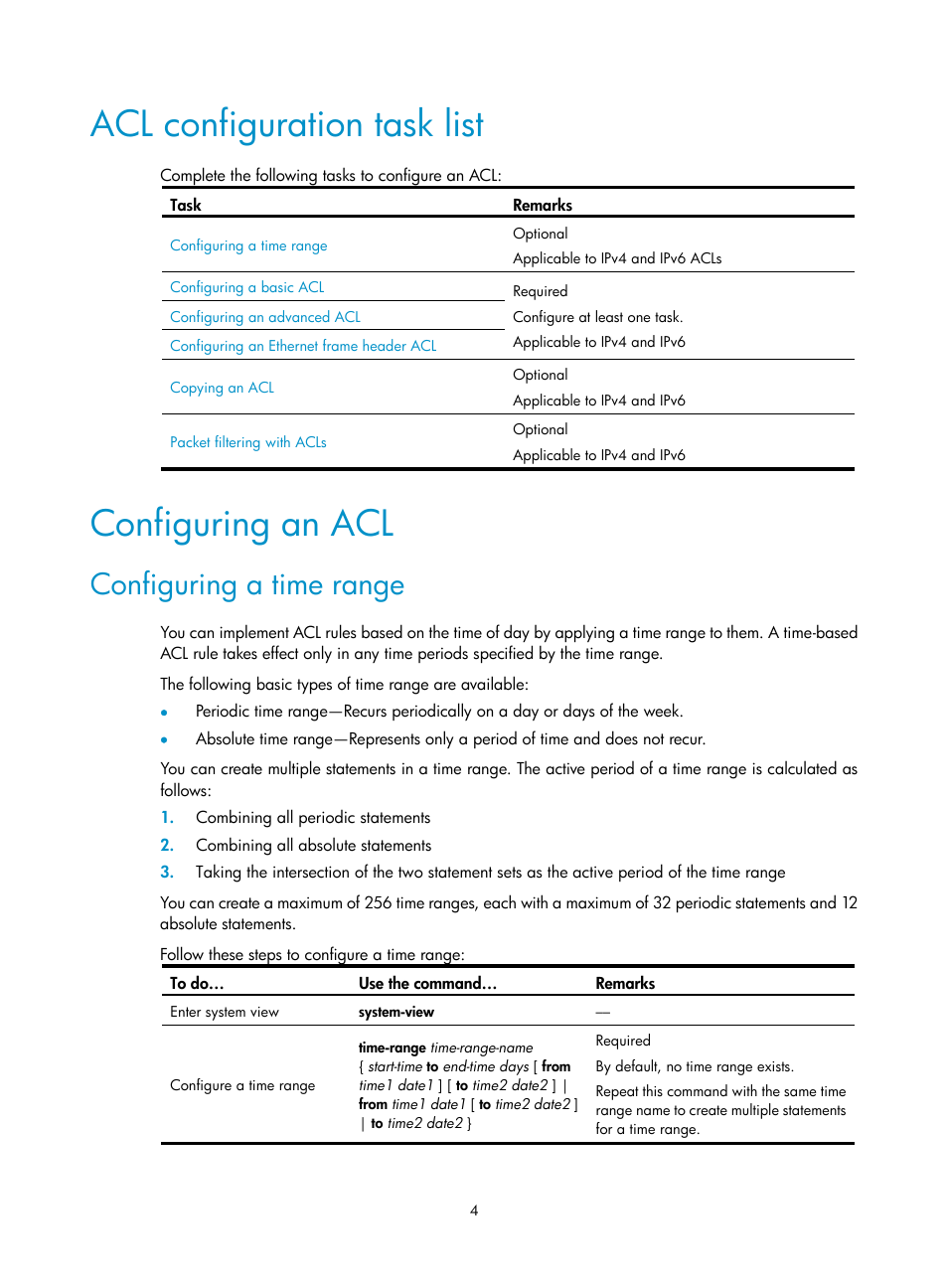 Acl configuration task list, Configuring an acl, Configuring a time range | H3C Technologies H3C WX3000E Series Wireless Switches User Manual | Page 11 / 64