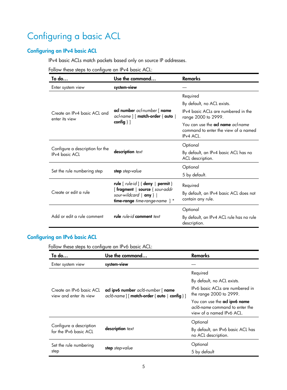 Configuring a basic acl, Configuring an ipv4 basic acl, Configuring an ipv6 basic acl | H3C Technologies H3C WX3000E Series Wireless Switches User Manual | Page 12 / 64