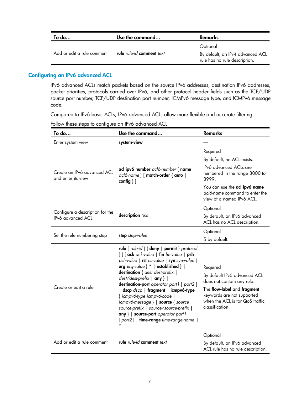 Configuring an ipv6 advanced acl | H3C Technologies H3C WX3000E Series Wireless Switches User Manual | Page 14 / 64