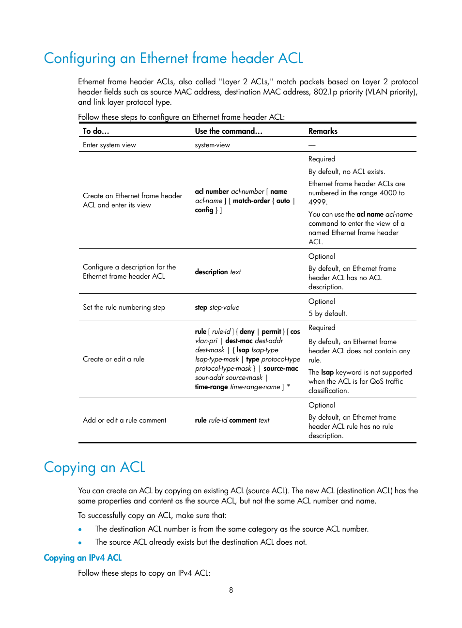Configuring an ethernet frame header acl, Copying an acl, Copying an ipv4 acl | H3C Technologies H3C WX3000E Series Wireless Switches User Manual | Page 15 / 64