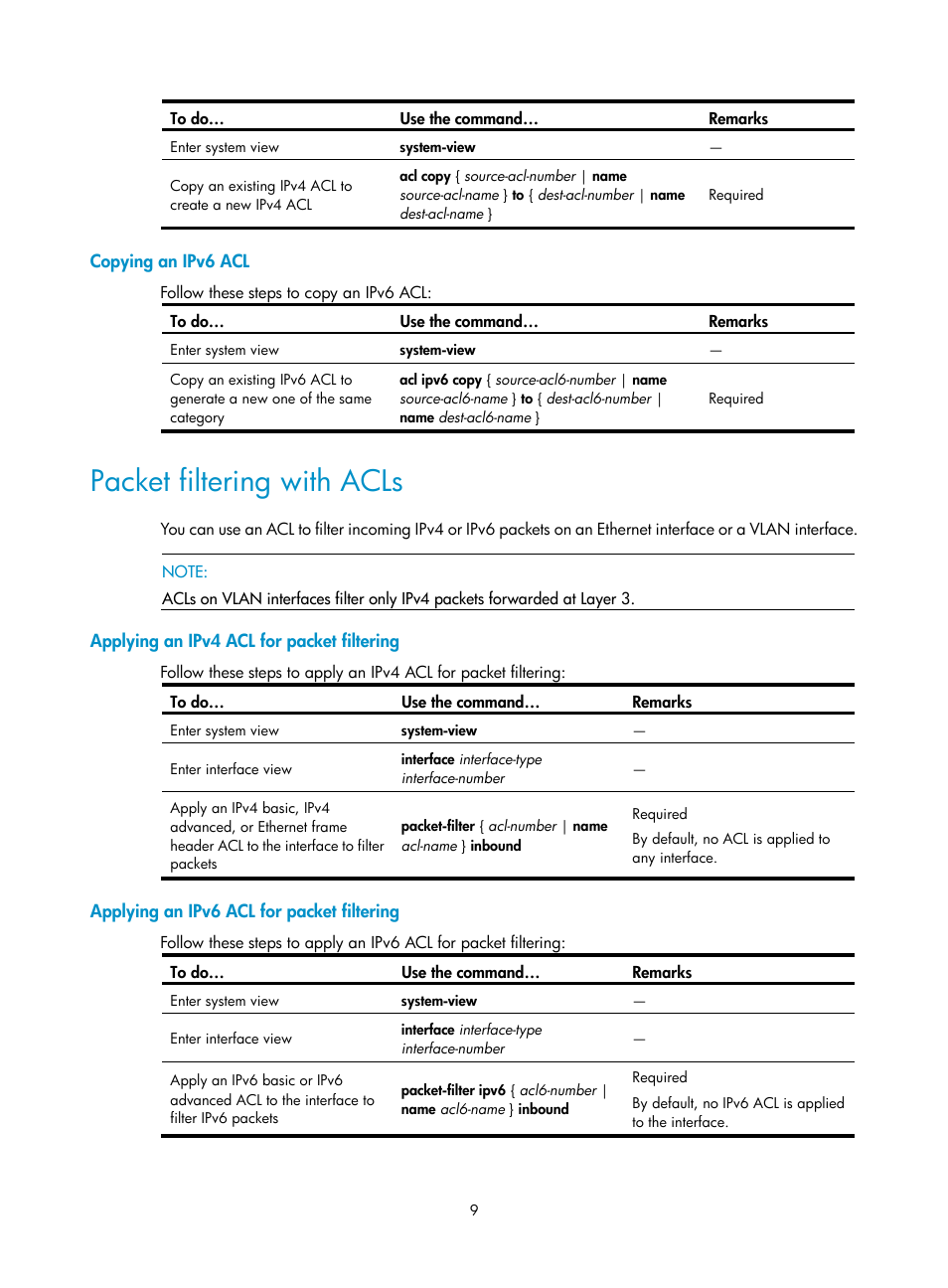 Copying an ipv6 acl, Packet filtering with acls, Applying an ipv4 acl for packet filtering | Applying an ipv6 acl for packet filtering | H3C Technologies H3C WX3000E Series Wireless Switches User Manual | Page 16 / 64