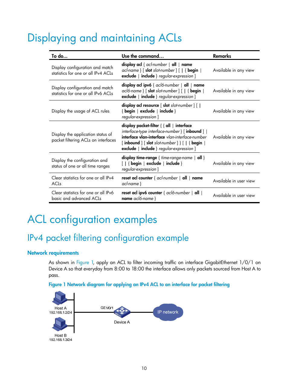 Displaying and maintaining acls, Acl configuration examples, Ipv4 packet filtering configuration example | Network requirements | H3C Technologies H3C WX3000E Series Wireless Switches User Manual | Page 17 / 64