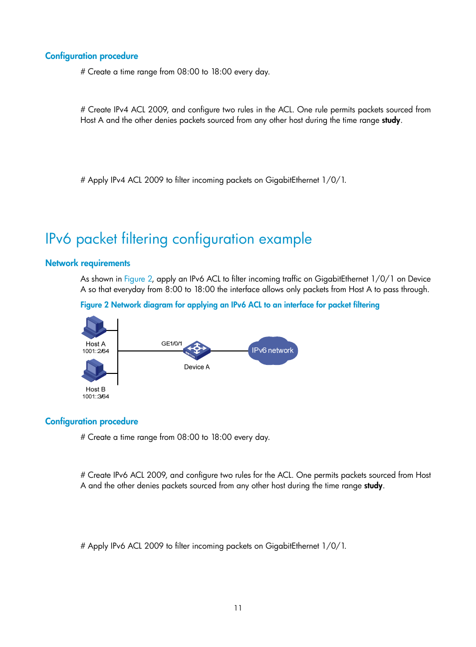 Configuration procedure, Ipv6 packet filtering configuration example, Network requirements | H3C Technologies H3C WX3000E Series Wireless Switches User Manual | Page 18 / 64