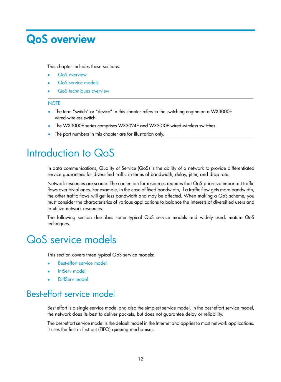 Qos overview, Introduction to qos, Qos service models | Best-effort service model | H3C Technologies H3C WX3000E Series Wireless Switches User Manual | Page 19 / 64