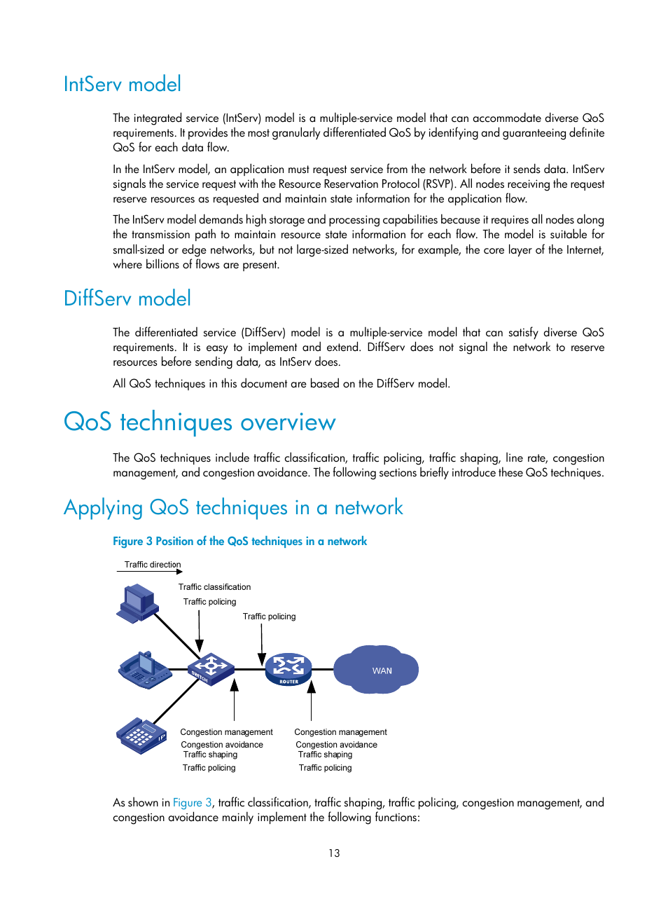 Intserv model, Diffserv model, Qos techniques overview | Applying qos techniques in a network | H3C Technologies H3C WX3000E Series Wireless Switches User Manual | Page 20 / 64