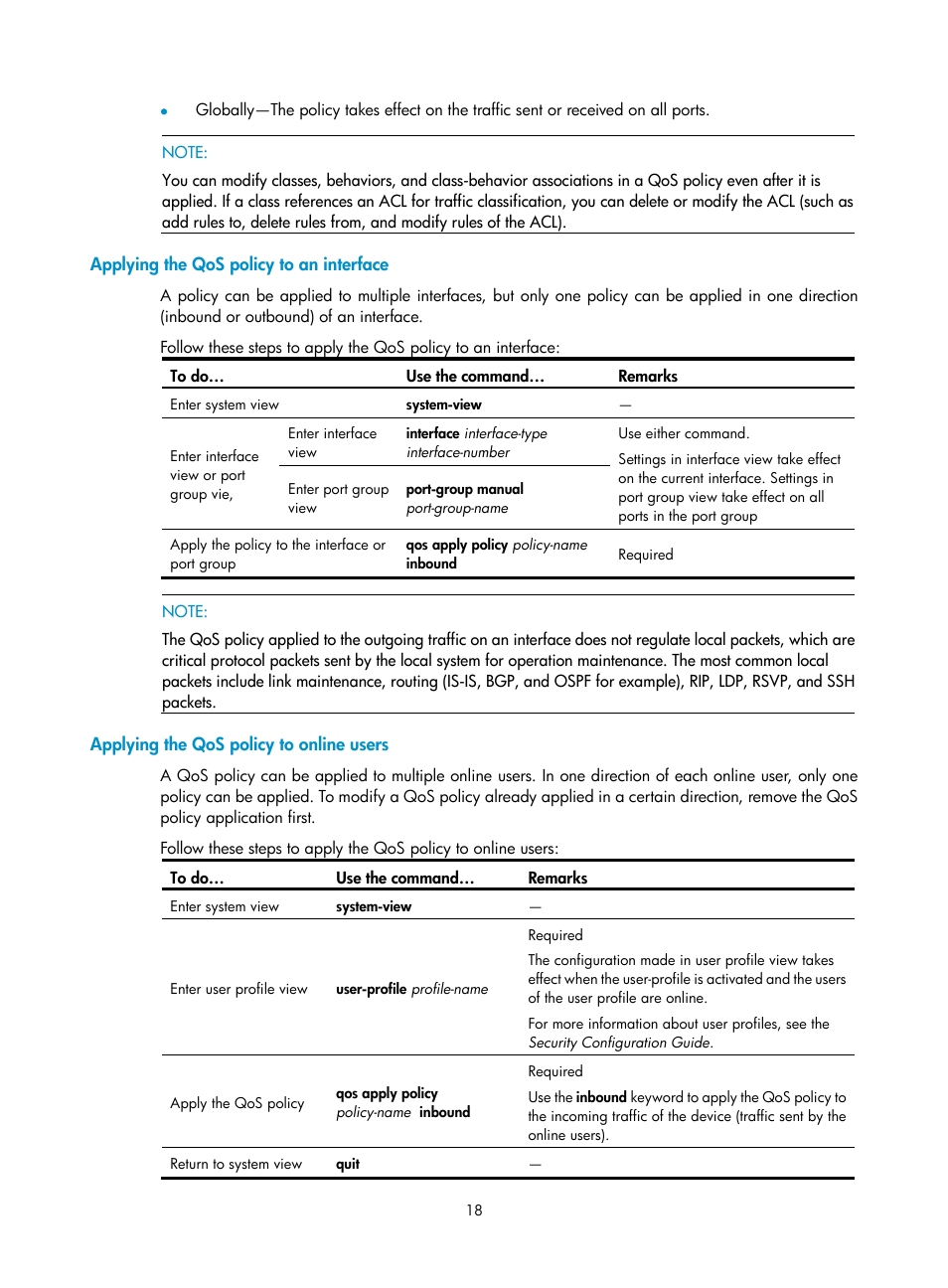 Applying the qos policy to an interface, Applying the qos policy to online users | H3C Technologies H3C WX3000E Series Wireless Switches User Manual | Page 25 / 64