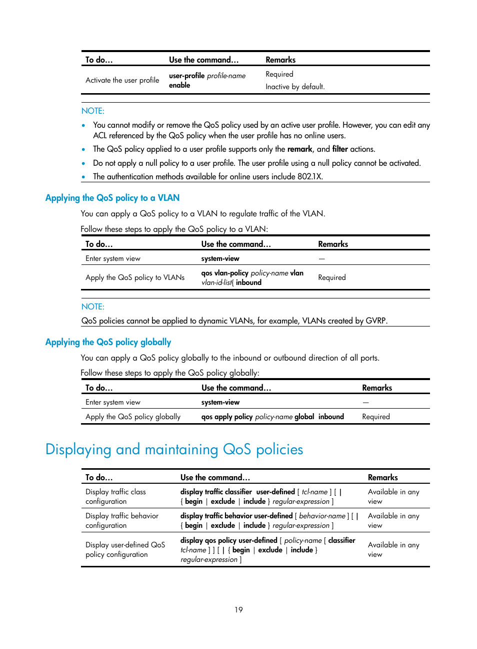 Applying the qos policy to a vlan, Applying the qos policy globally, Displaying and maintaining qos policies | H3C Technologies H3C WX3000E Series Wireless Switches User Manual | Page 26 / 64