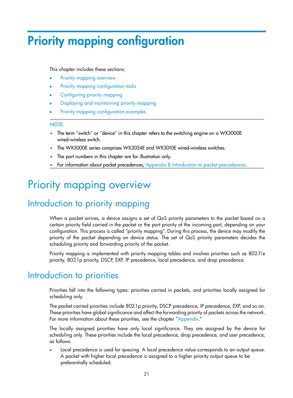 Priority mapping configuration, Priority mapping overview, Introduction to priority mapping | Introduction to priorities | H3C Technologies H3C WX3000E Series Wireless Switches User Manual | Page 28 / 64