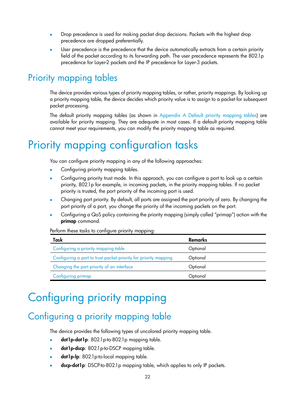 Priority mapping tables, Priority mapping configuration tasks, Configuring priority mapping | Configuring a priority mapping table | H3C Technologies H3C WX3000E Series Wireless Switches User Manual | Page 29 / 64