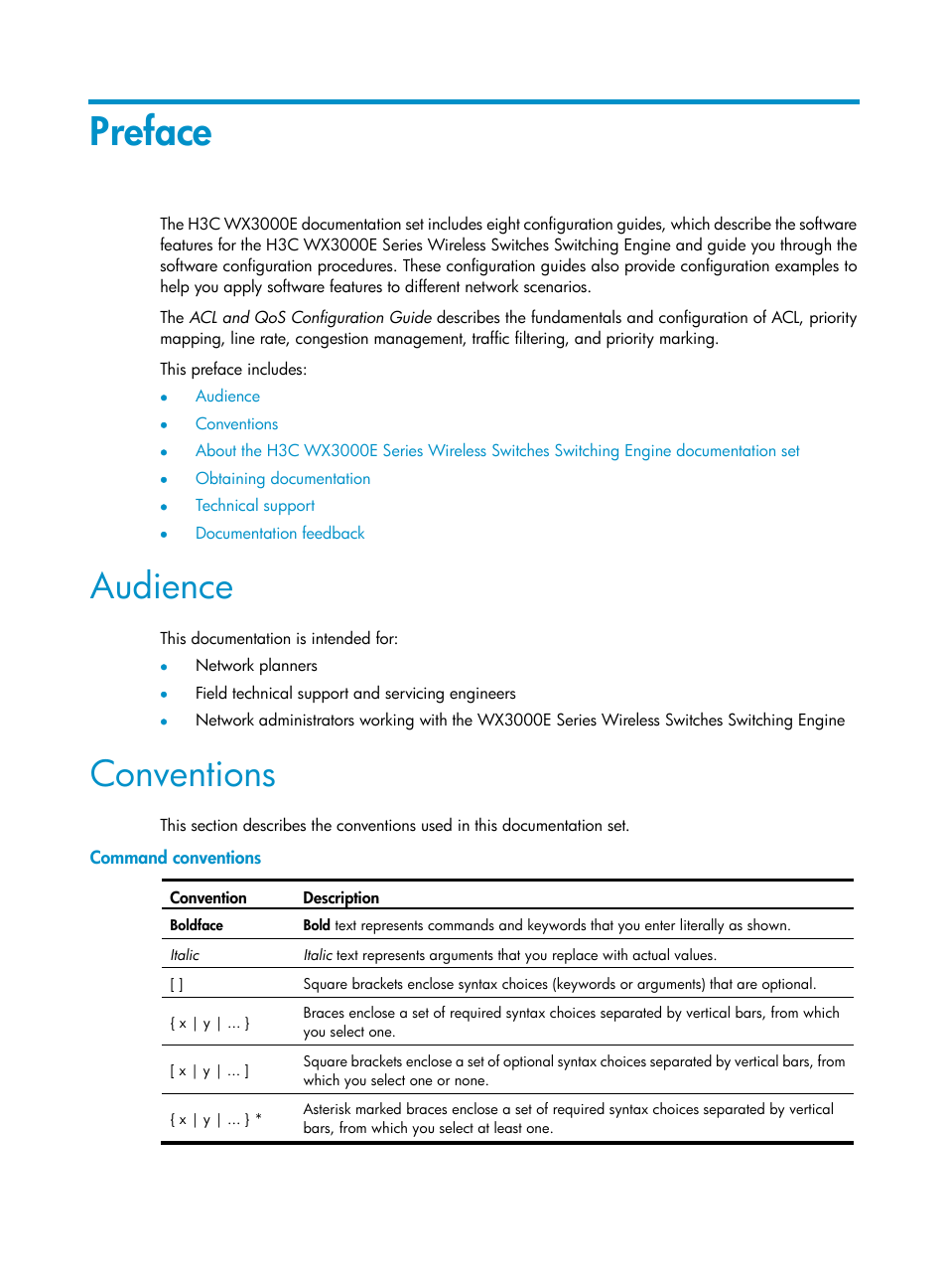 Preface, Audience, Conventions | Command conventions | H3C Technologies H3C WX3000E Series Wireless Switches User Manual | Page 3 / 64