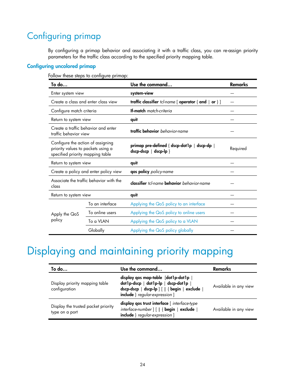 Configuring primap, Configuring uncolored primap, Displaying and maintaining priority mapping | H3C Technologies H3C WX3000E Series Wireless Switches User Manual | Page 31 / 64