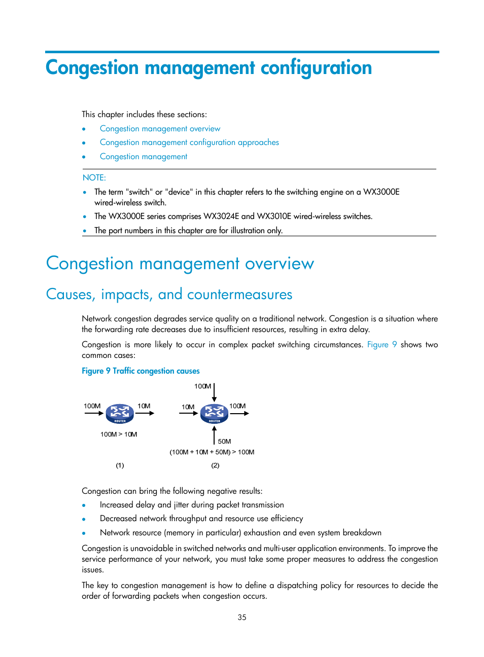 Congestion management configuration, Congestion management overview, Causes, impacts, and countermeasures | H3C Technologies H3C WX3000E Series Wireless Switches User Manual | Page 42 / 64