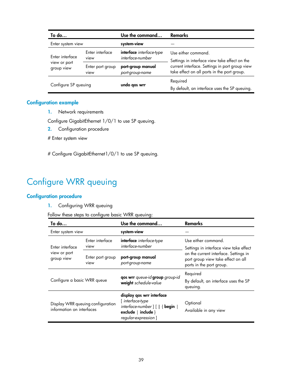 Configuration example, Configure wrr queuing, Configuration procedure | H3C Technologies H3C WX3000E Series Wireless Switches User Manual | Page 46 / 64