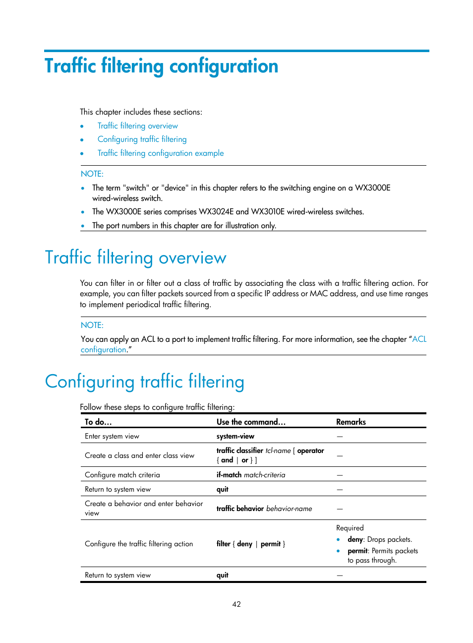 Traffic filtering configuration, Traffic filtering overview, Configuring traffic filtering | H3C Technologies H3C WX3000E Series Wireless Switches User Manual | Page 49 / 64