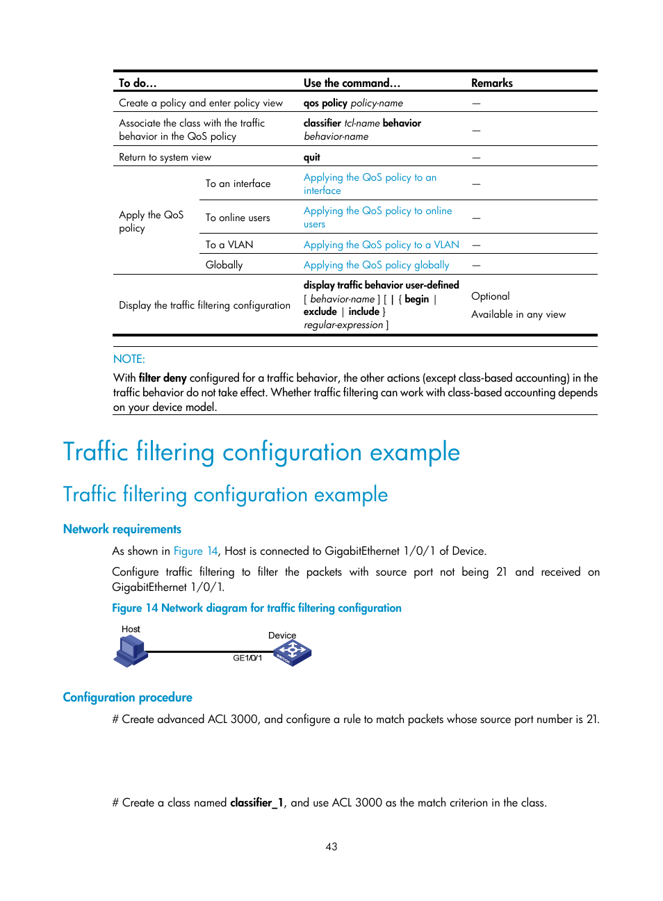 Traffic filtering configuration example, Network requirements, Configuration procedure | H3C Technologies H3C WX3000E Series Wireless Switches User Manual | Page 50 / 64