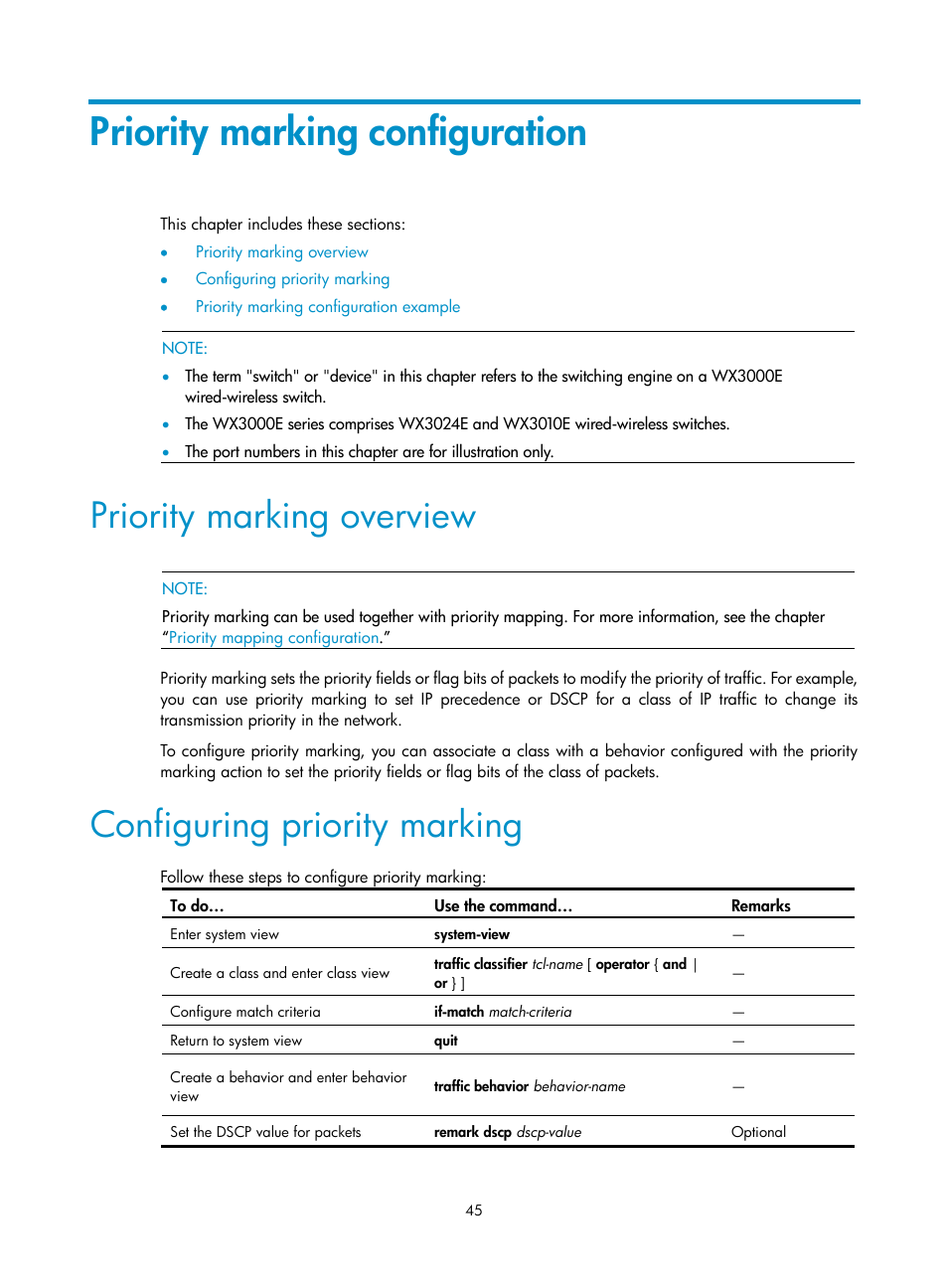 Priority marking configuration, Priority marking overview, Configuring priority marking | H3C Technologies H3C WX3000E Series Wireless Switches User Manual | Page 52 / 64