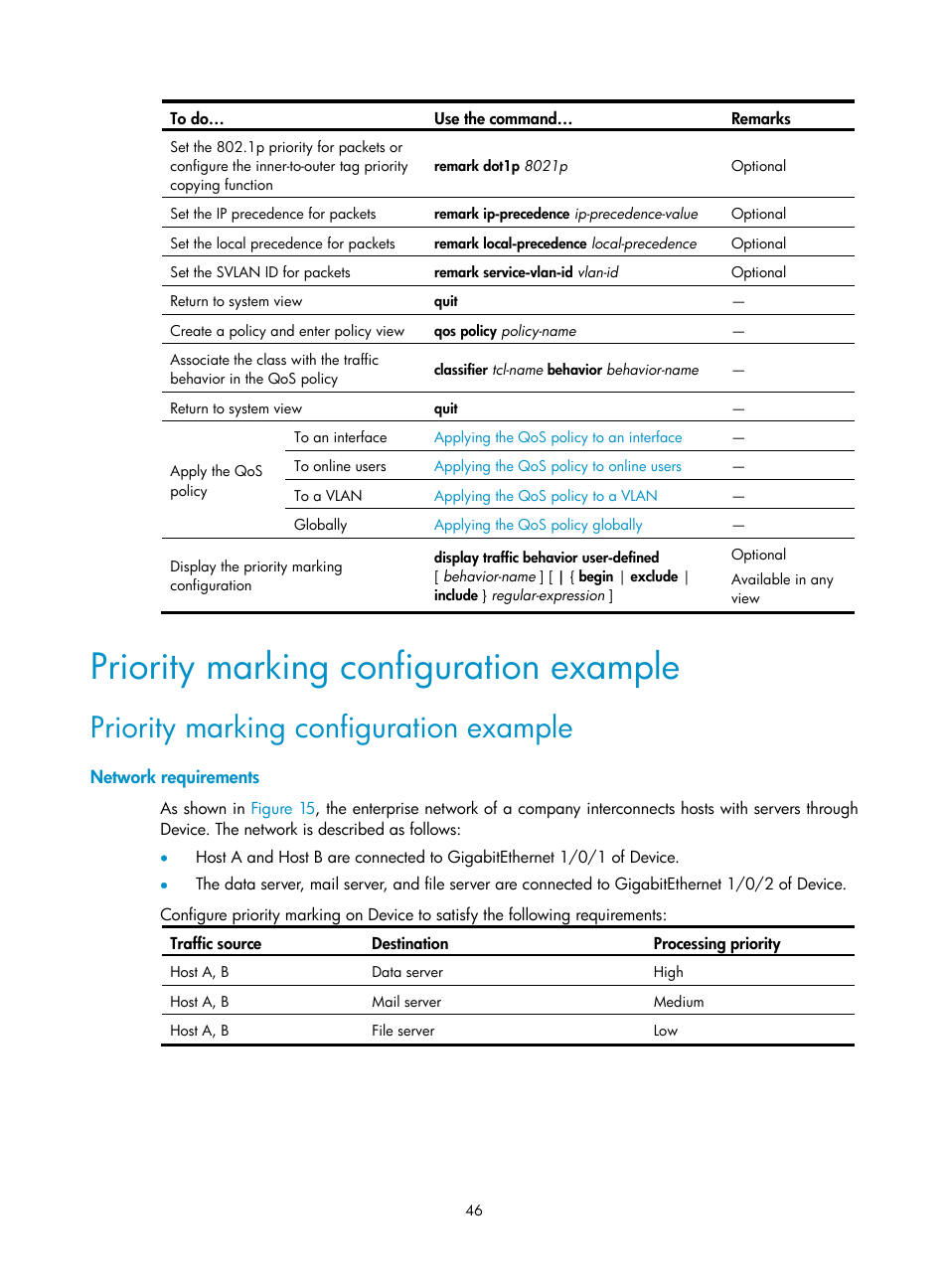 Priority marking configuration example, Network requirements | H3C Technologies H3C WX3000E Series Wireless Switches User Manual | Page 53 / 64