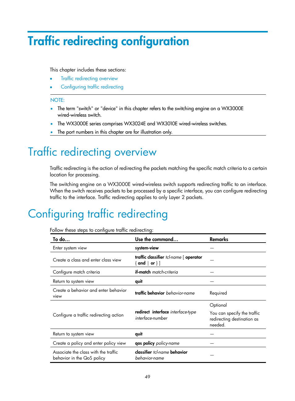 Traffic redirecting configuration, Traffic redirecting overview, Configuring traffic redirecting | H3C Technologies H3C WX3000E Series Wireless Switches User Manual | Page 56 / 64