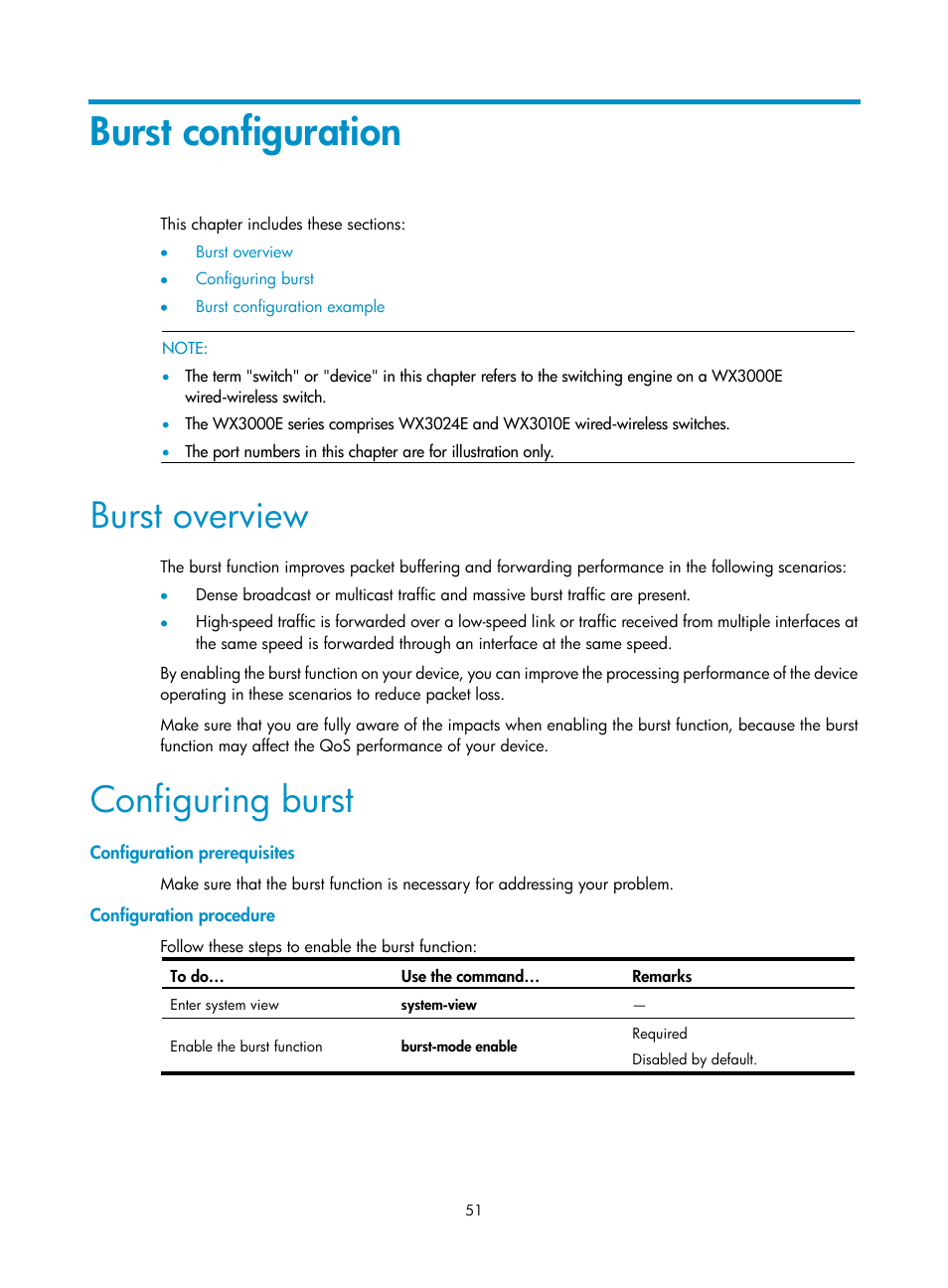 Burst configuration, Burst overview, Configuring burst | Configuration prerequisites, Configuration procedure | H3C Technologies H3C WX3000E Series Wireless Switches User Manual | Page 58 / 64