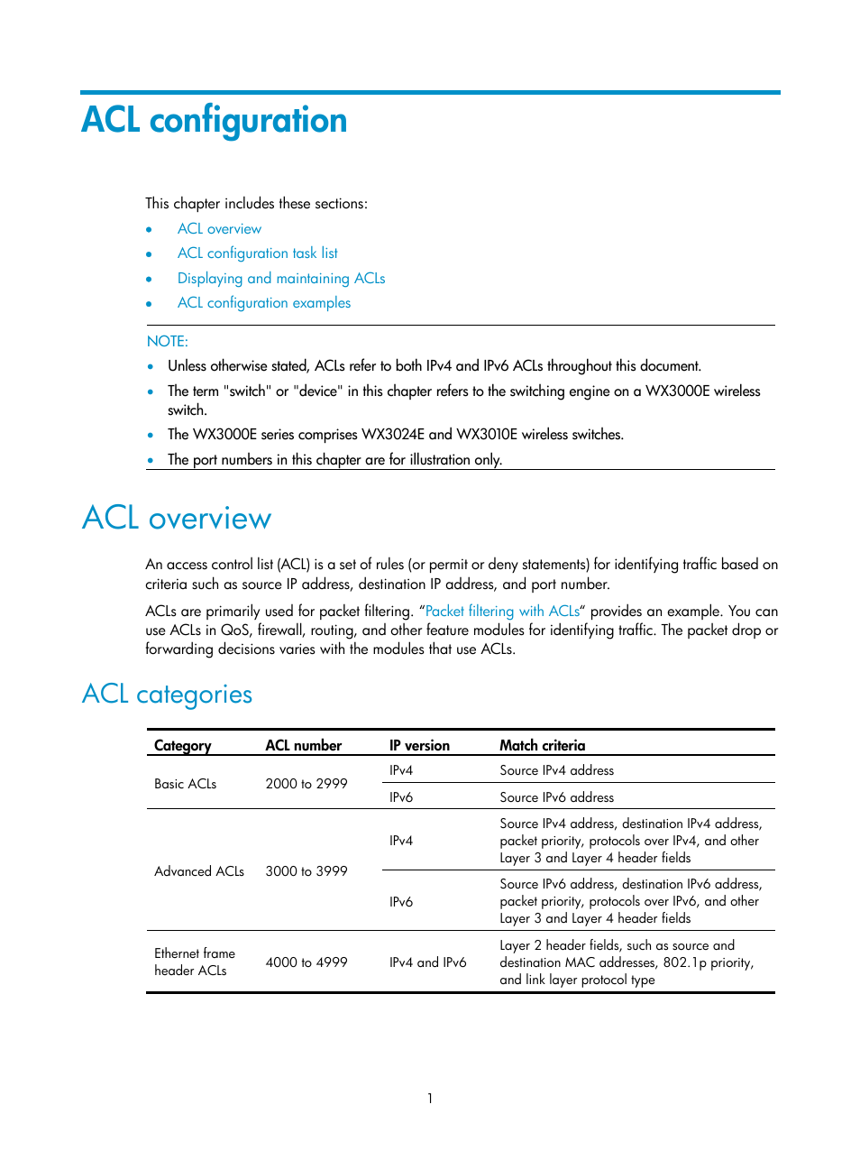 Acl configuration, Acl overview, Acl categories | H3C Technologies H3C WX3000E Series Wireless Switches User Manual | Page 8 / 64
