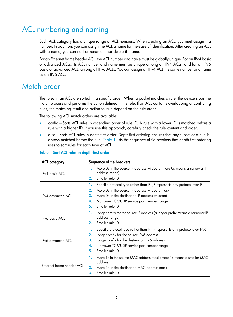 Acl numbering and naming, Match order | H3C Technologies H3C WX3000E Series Wireless Switches User Manual | Page 9 / 64