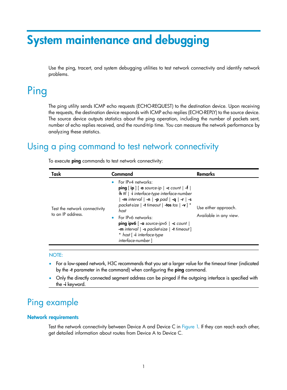 System maintenance and debugging, Ping, Using a ping command to test network connectivity | Ping example, Network requirements | H3C Technologies H3C WX3000E Series Wireless Switches User Manual | Page 10 / 80