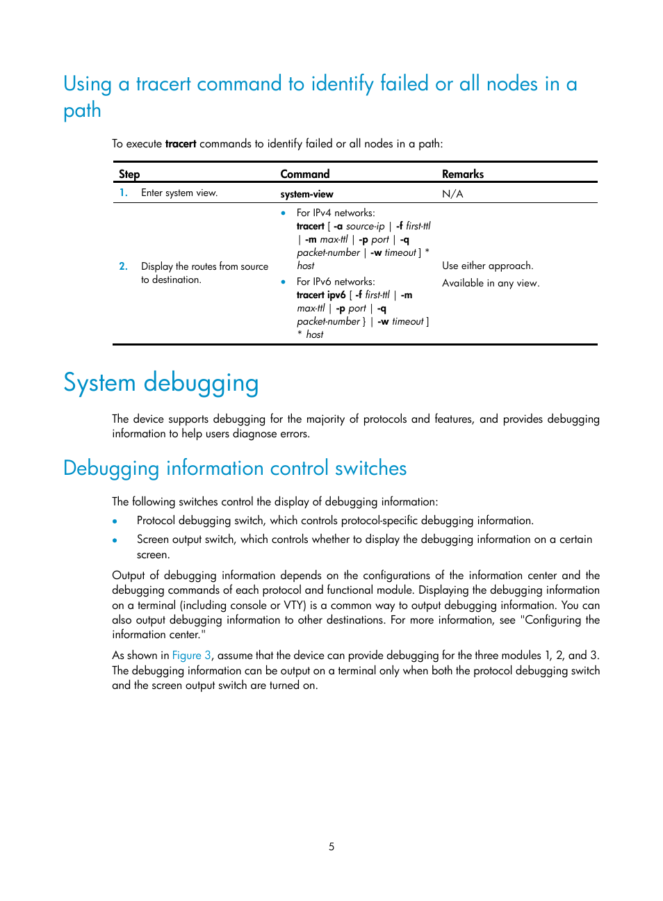 System debugging, Debugging information control switches | H3C Technologies H3C WX3000E Series Wireless Switches User Manual | Page 14 / 80