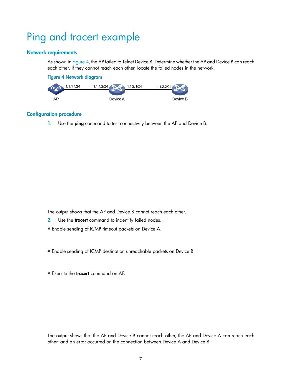 Ping and tracert example, Network requirements, Configuration procedure | H3C Technologies H3C WX3000E Series Wireless Switches User Manual | Page 16 / 80