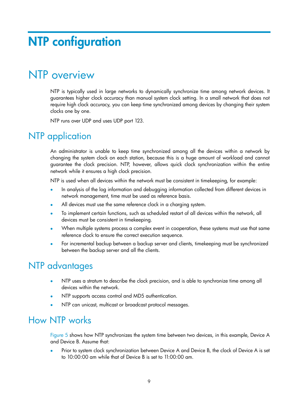 Ntp configuration, Ntp overview, Ntp application | Ntp advantages, How ntp works | H3C Technologies H3C WX3000E Series Wireless Switches User Manual | Page 18 / 80