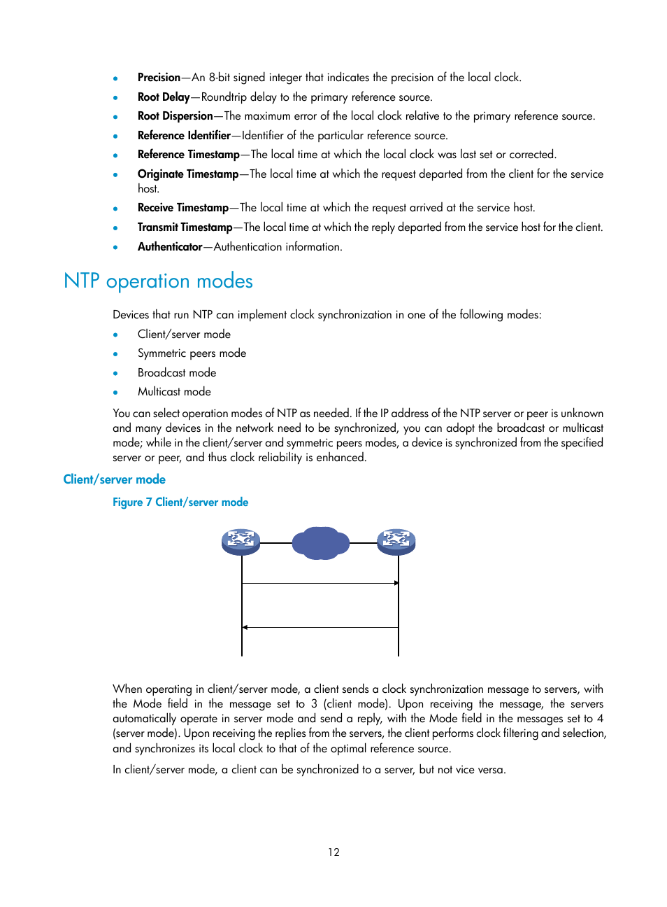 Ntp operation modes, Client/server mode | H3C Technologies H3C WX3000E Series Wireless Switches User Manual | Page 21 / 80