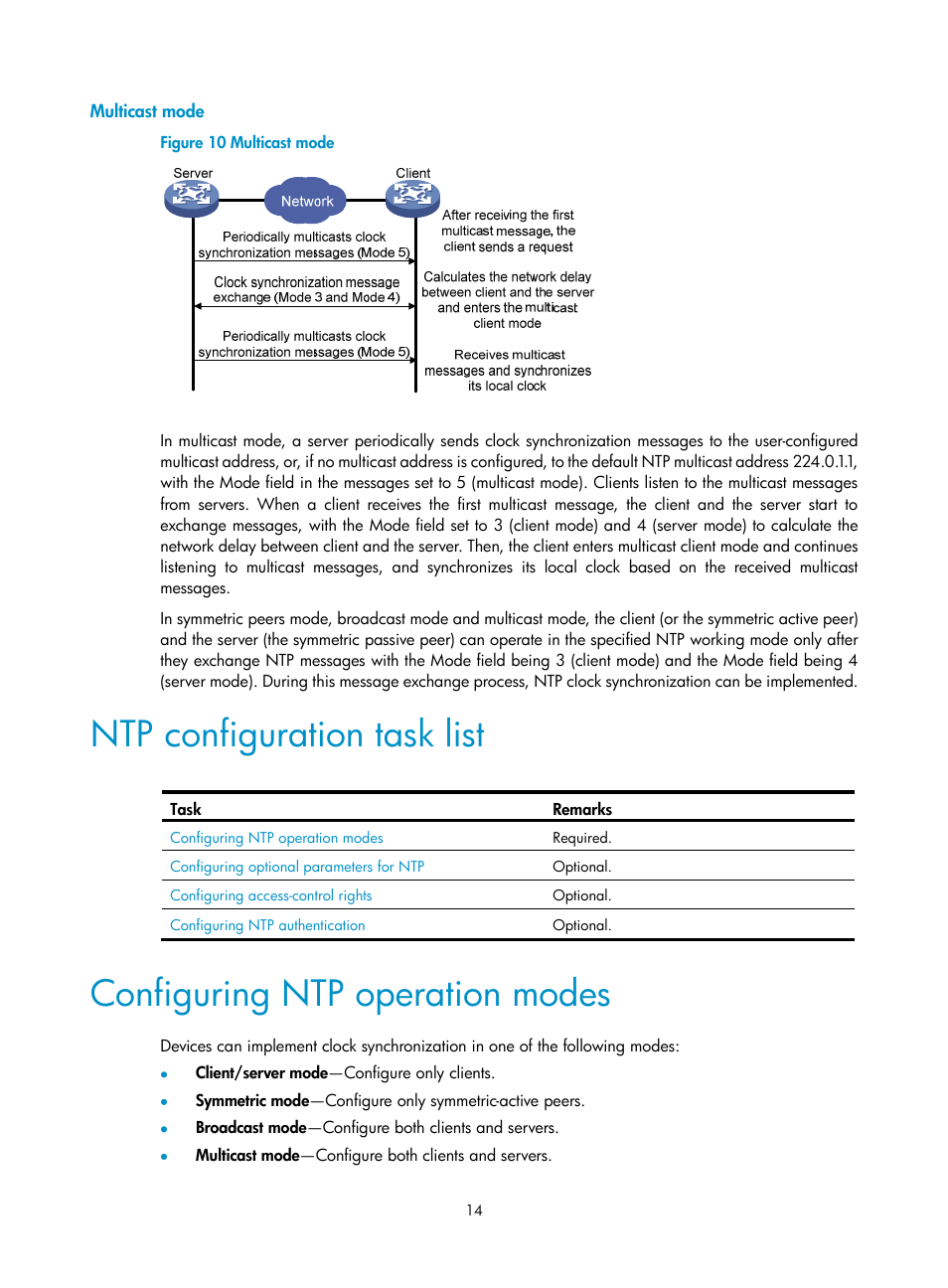 Multicast mode, Ntp configuration task list, Configuring ntp operation modes | H3C Technologies H3C WX3000E Series Wireless Switches User Manual | Page 23 / 80