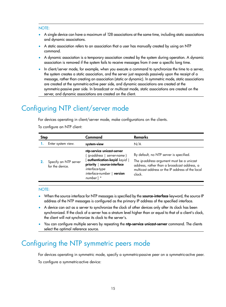 Configuring ntp client/server mode, Configuring the ntp symmetric peers mode | H3C Technologies H3C WX3000E Series Wireless Switches User Manual | Page 24 / 80