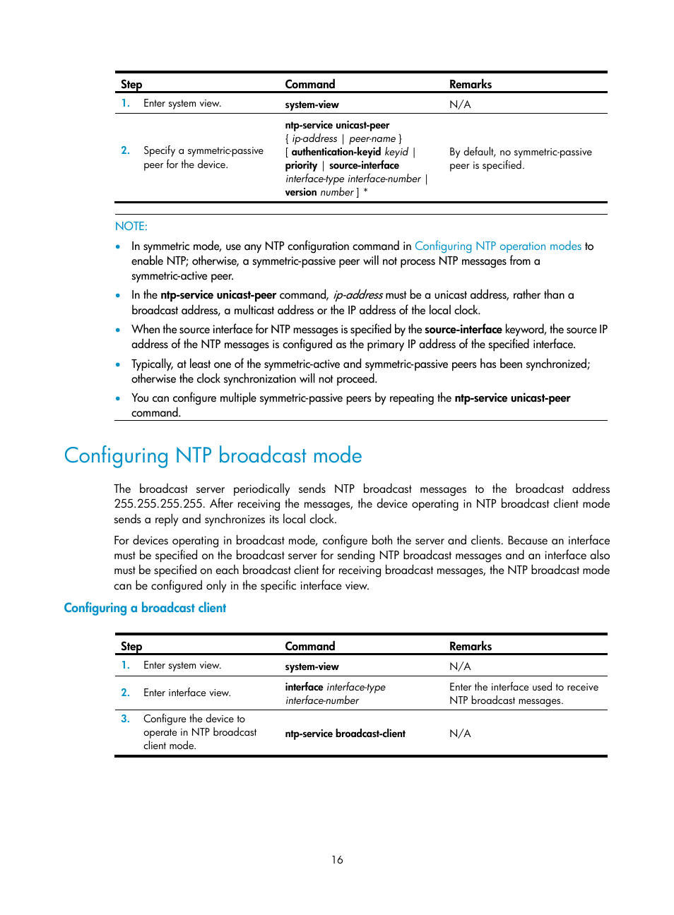 Configuring ntp broadcast mode, Configuring a broadcast client | H3C Technologies H3C WX3000E Series Wireless Switches User Manual | Page 25 / 80