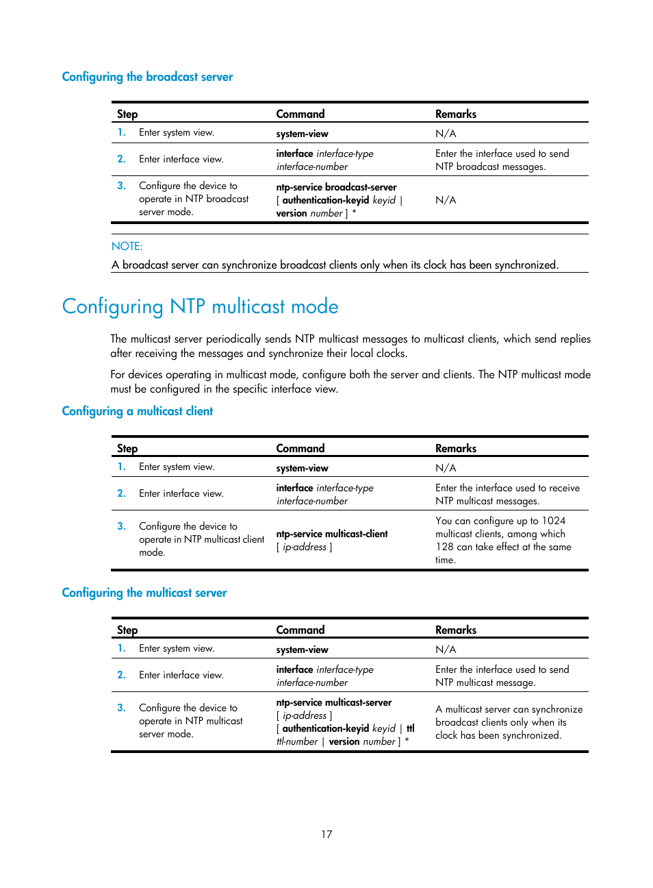 Configuring the broadcast server, Configuring ntp multicast mode, Configuring a multicast client | Configuring the multicast server | H3C Technologies H3C WX3000E Series Wireless Switches User Manual | Page 26 / 80